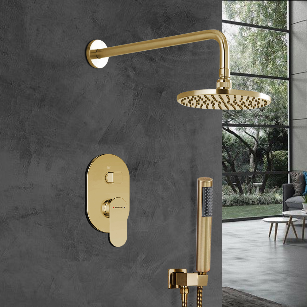 Bravat Wall Mounted Shower Set With Valve Mixer 2-Way Concealed In Brushed Gold